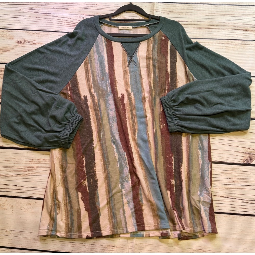 Cotton Bleu Women Abstract Stripe Raglan Top Green Long Sleeve Balloon Cuff 3X